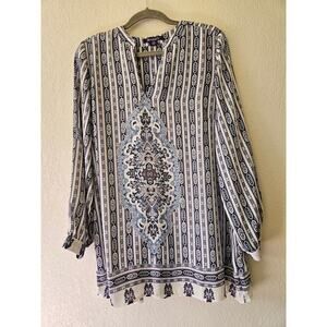 Roaman's Women's White and Blue Patterned Pullover Blouse Size 120